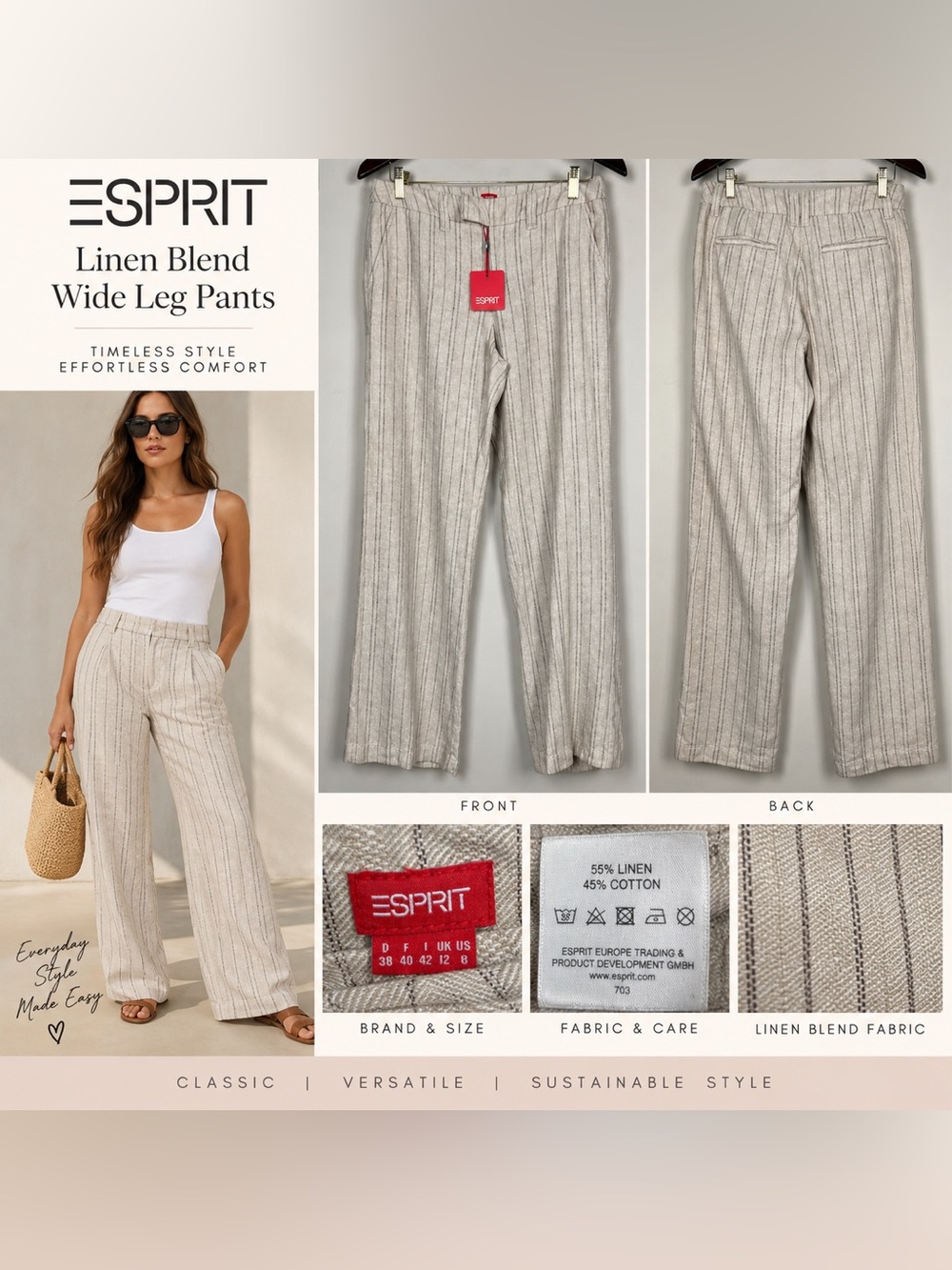 NWT ESPRIT Linen Blend Striped Wide Leg Pants Beige Size 8